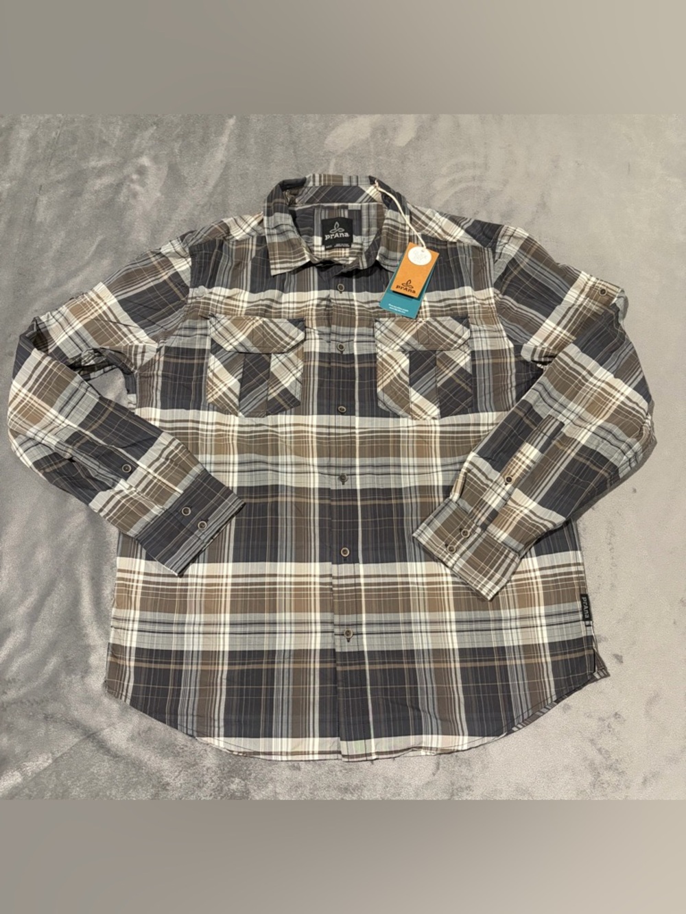 PRANA Shirt Mens Medium Coal Plaid Citadel Long Sleeve Double Pocket Hiking